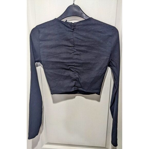 Rare Zara Metal Loop Linen Black Long Sleeve Crop Top - Picture 9 of 12